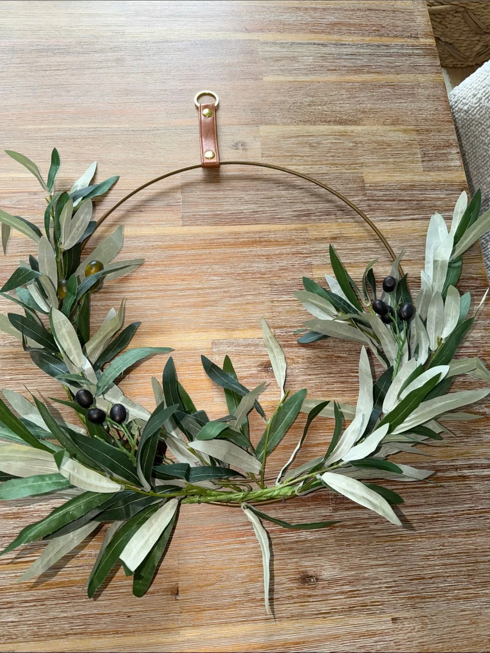 Heart & Hand Olive Green & gold Metal Hoop Wreath -  with leather strap